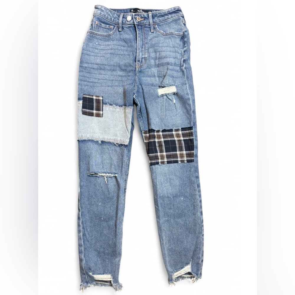 Hollister Blue Patchwork ultra high rise distressed hem jeans size 24